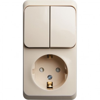 Блок SCHNEIDER ELECTRIC ЭТЮД: розетка с заземлением, со шторками + выключатель 2-клавишный, КРЕМОВЫЙ, Россия